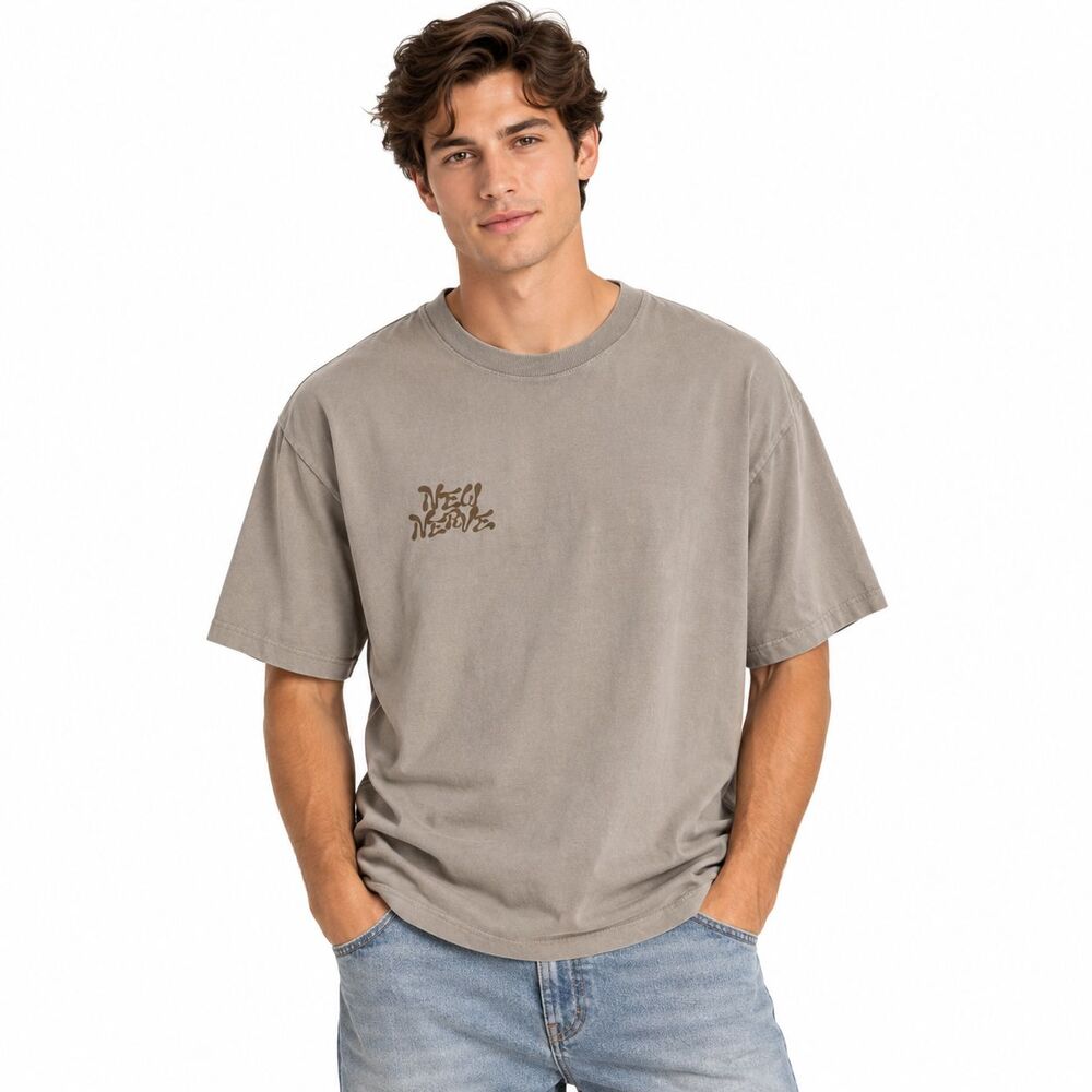 H&M New Nerve Men's M Relaxed Fit Graphic T Shirt Beige Brown 100% Cotton